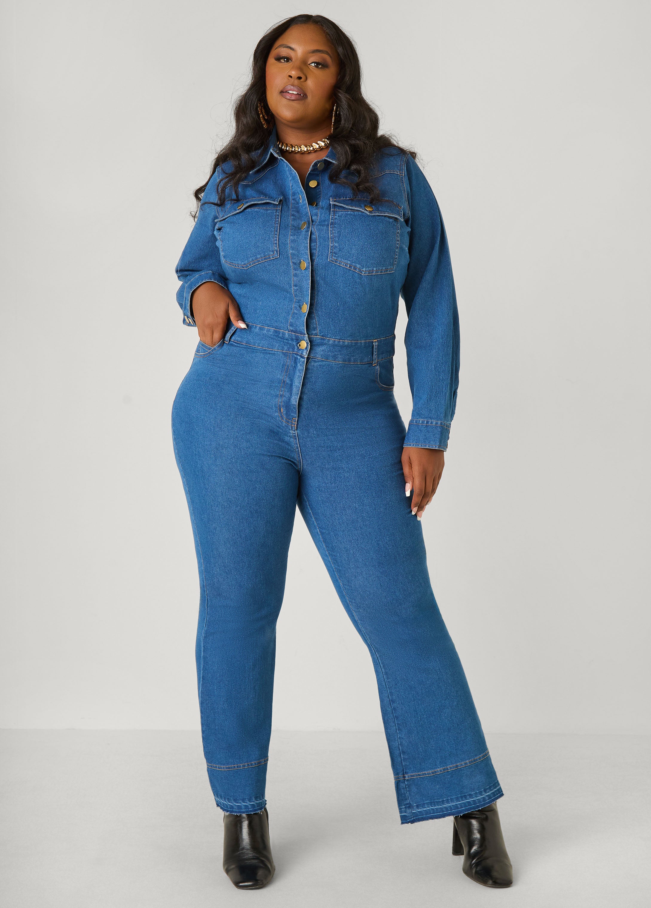 Plus Size Tall Flared Denim Jumpsuit