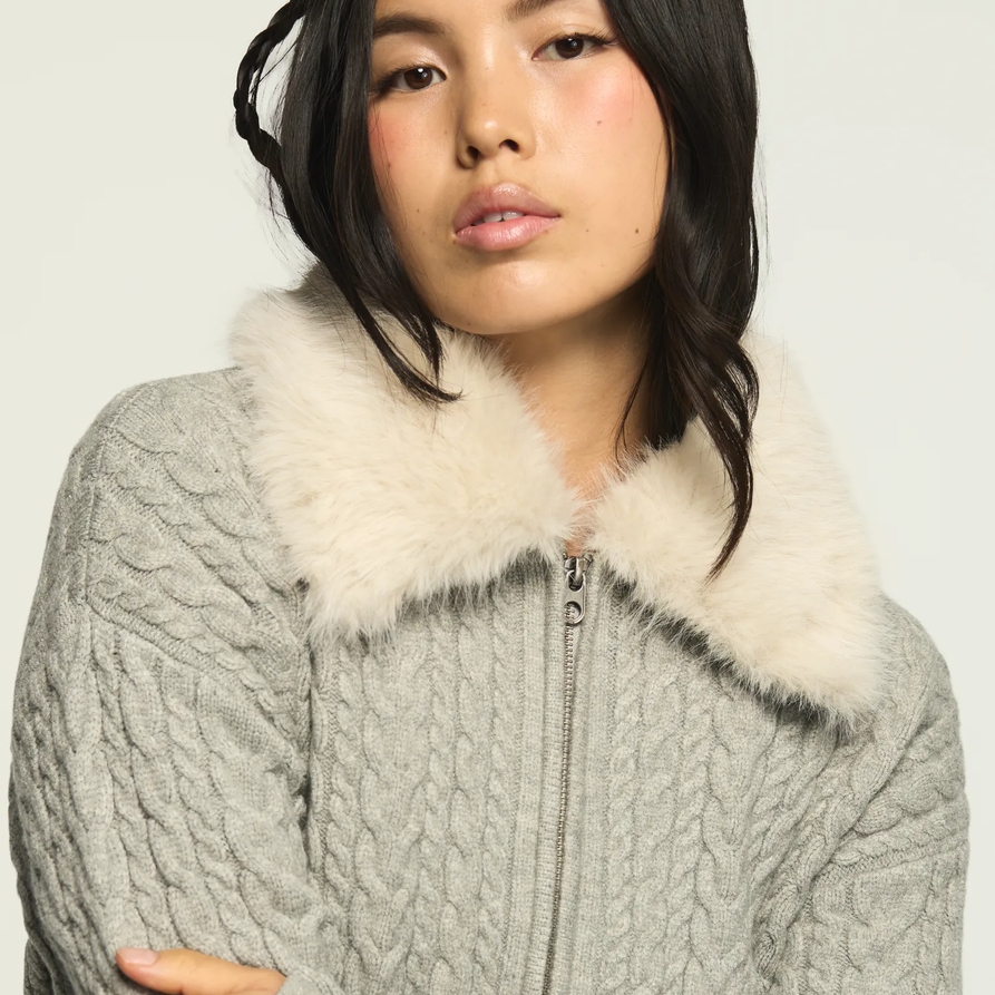 Lucky Brand Fur Collar Sweater Jacket - Women's Clothing Outerwear Jackets Coats