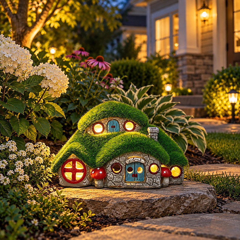 Solar Garden Cottage House Statue with LED Lights, Outdoor Resin Fairy House Decor with Moss Roof, Lawn Ornament for Patio, Balcony, Yard, Garden, Landscape Decoration, Whimsical Fairy Garden Gift