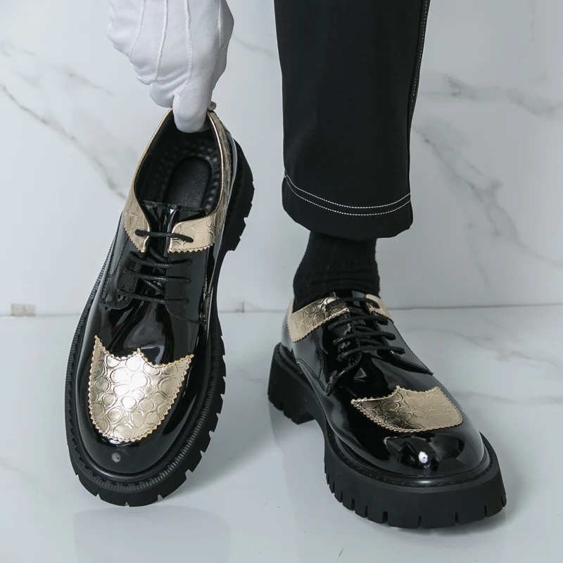 Herren-Lederschuhe mit glänzender Oberfläche, atmungsaktiv, britischer Stil, formell, Business-Casual, dicke Sohle, trendige Herrenschuhe