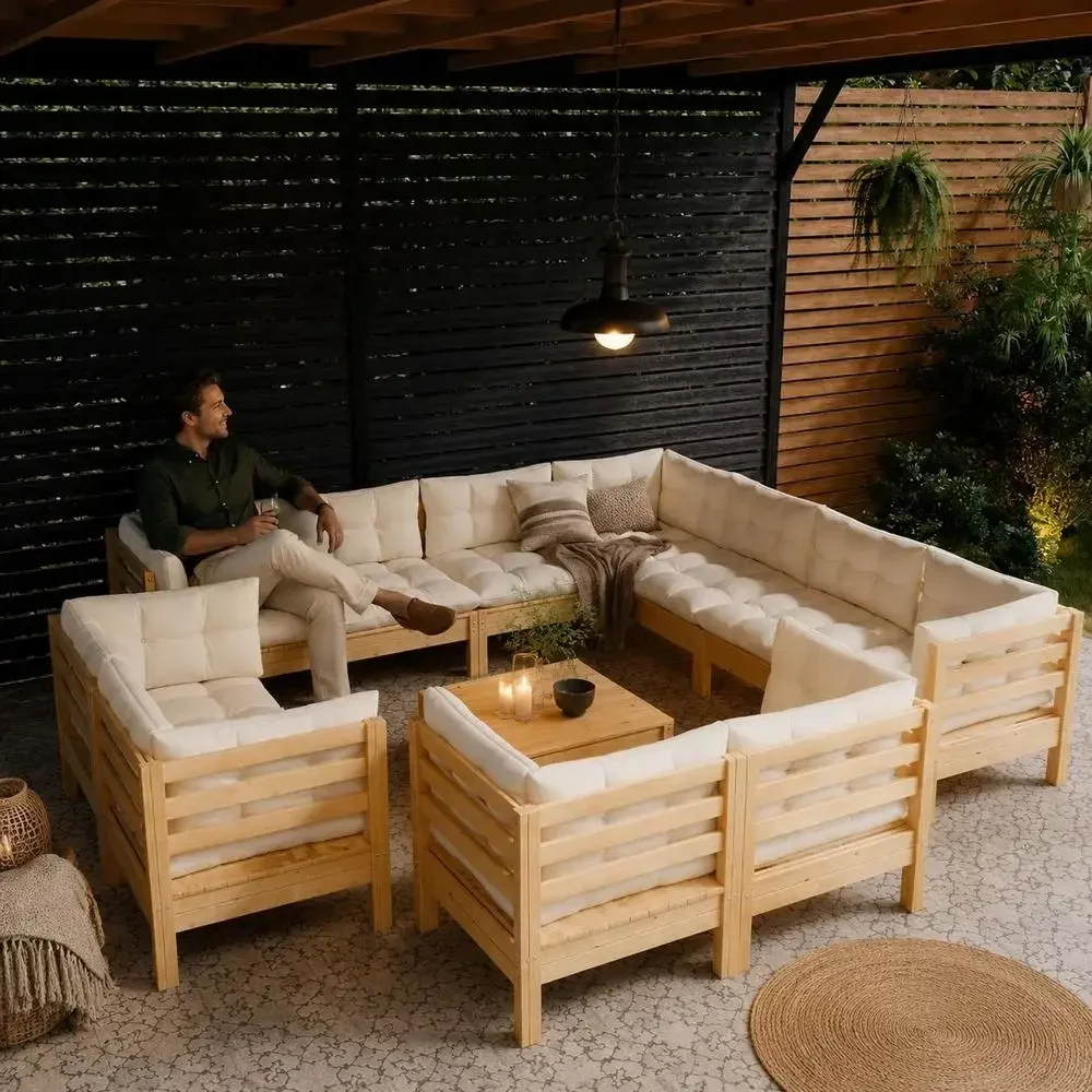 Ensemble de mobilier de jardin comprenant 12 pièces, avec coussins de couleur crème, en bois de pin massif, robuste, élégant et pratique. Ensemble de mobilier de jardin moderne, idéal pour les jardins, les cours et les patios, facile à assembler.