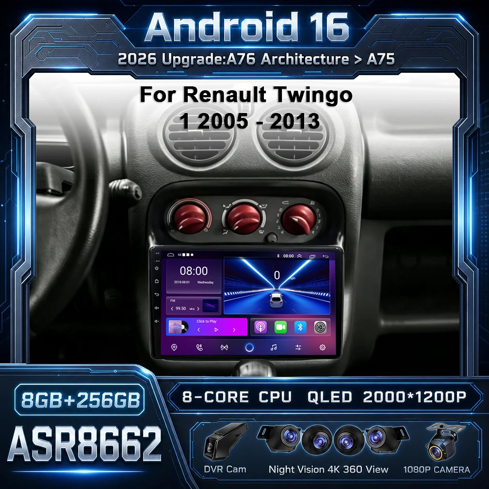 Autoradio multimédia GPS avec lecteur vidéo, navigation GPS, caméra embarquée et Bluetooth pour Renault Twingo 1 (2005-2013) - Processeur ASR8662, Android 16