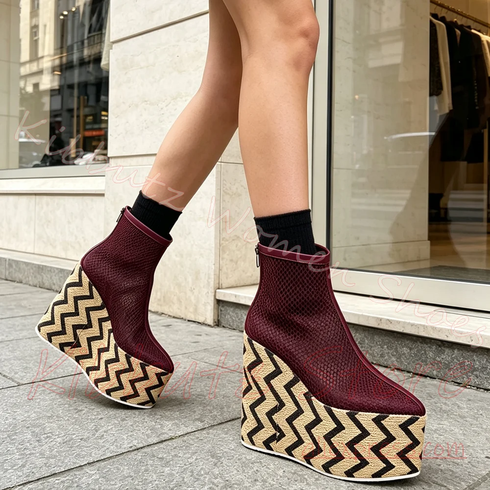 Keilabsatz-Plateau-Stiefeletten, Mesh-Obermaterial, Chevron-Rückreißverschluss, runde Zehenkappe, Y2K-Alternative, Damenschuhe, Streetwear, Rave-Party-Schuhe, sexy