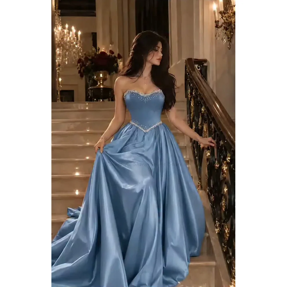 Dusty Blue Sweetheart A Line Satin Evening Dress Crystal Beaded Bodice Formal Gowns Wedding Guest Banquet Party Prom Customized