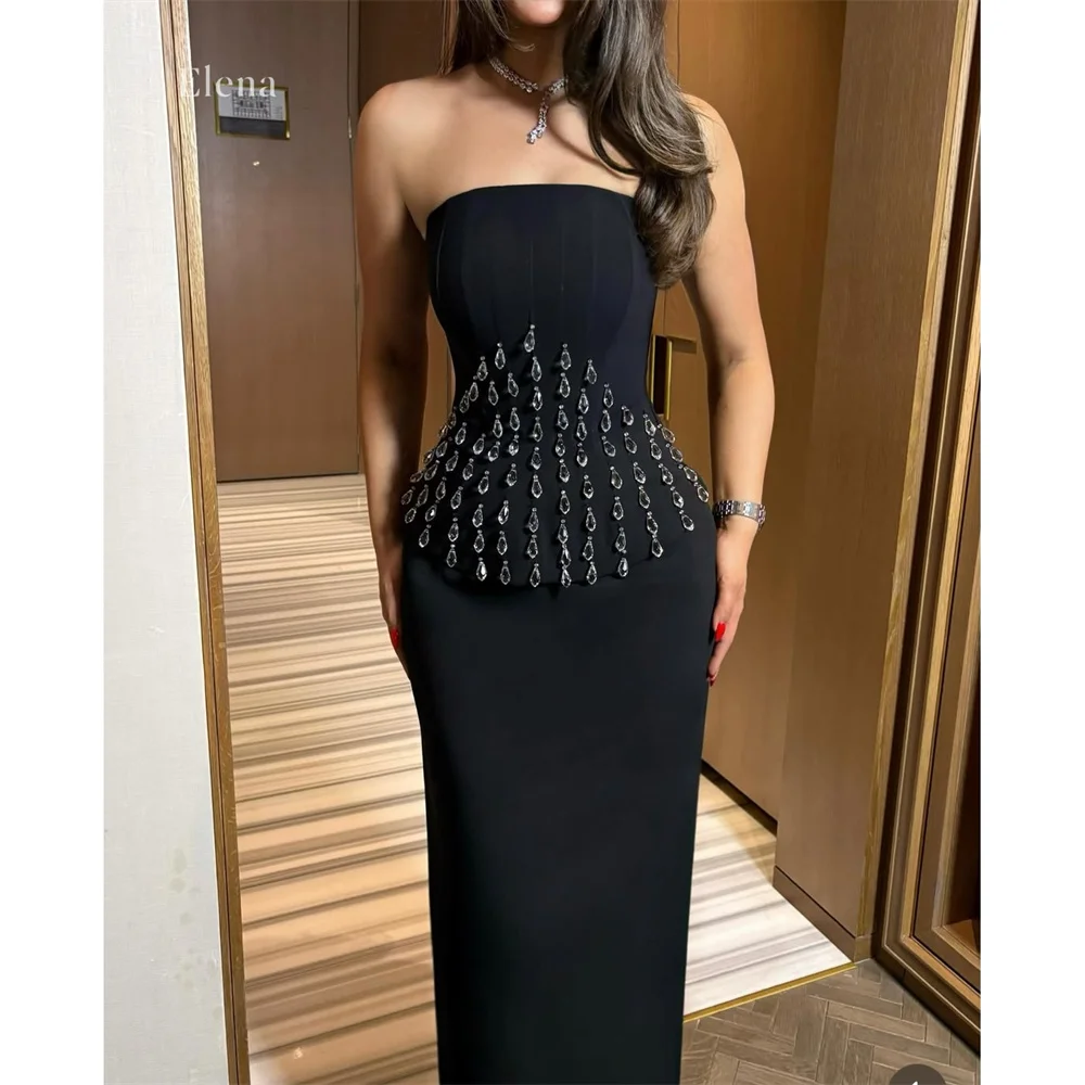 Elena Crepe Strapless Black Mermaid Formal Evening Gown Elegant Silhouette Intricate Crystal Embellishment Beading Customized