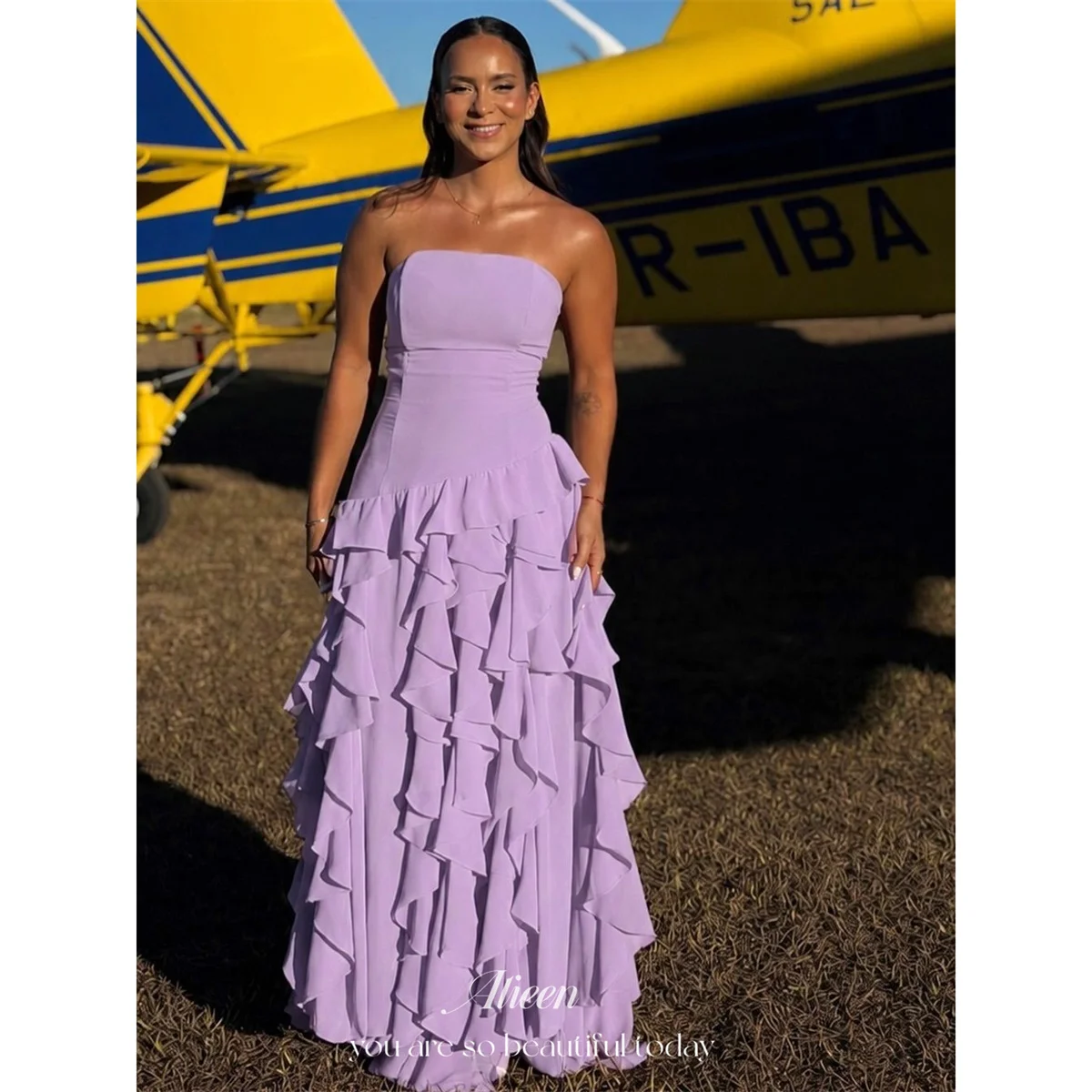 Aileen Purple Prom Dress A-Line Strapless Sleeveless Evening Dresses Bodice Cascading Tiered Ruffles Silhouette Long Customized