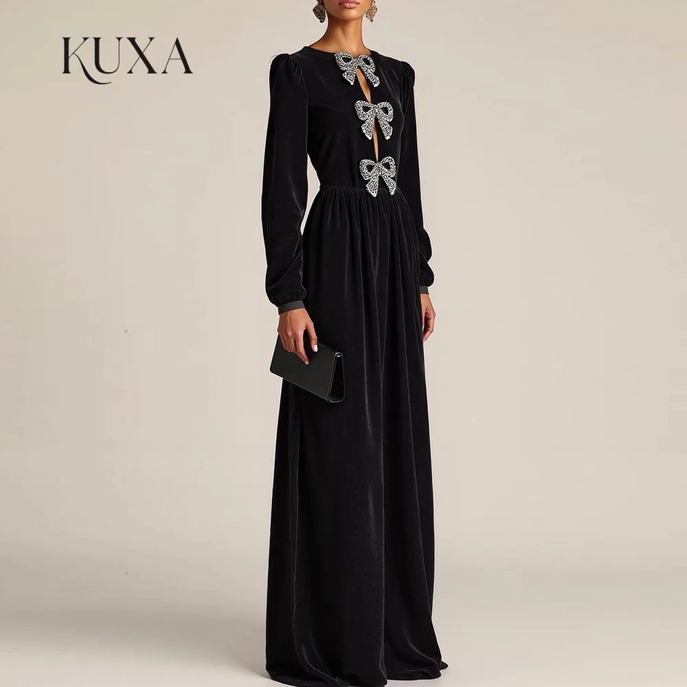 KUXA Customized Black Velvet A Line Prom Gown Puff Sleeve Rhinestone Bow Front Keyhole Cutout Floor Length Party Dresses