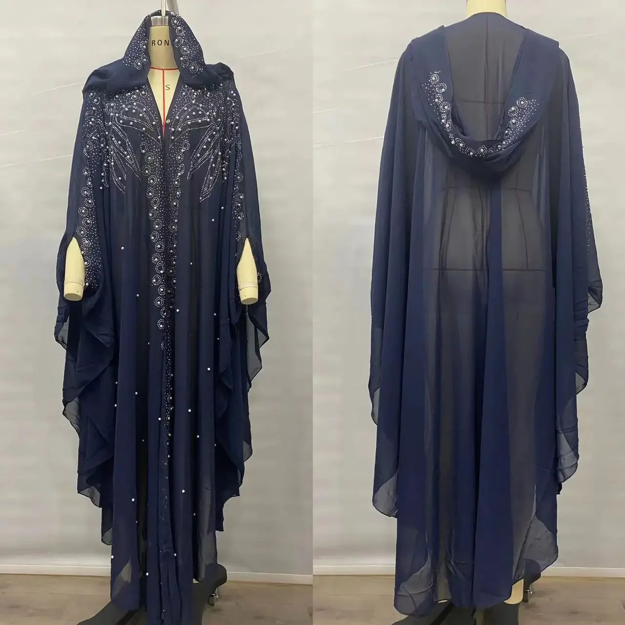 Women Thin Hooded Cape With Sparkling Party Details navy one Size