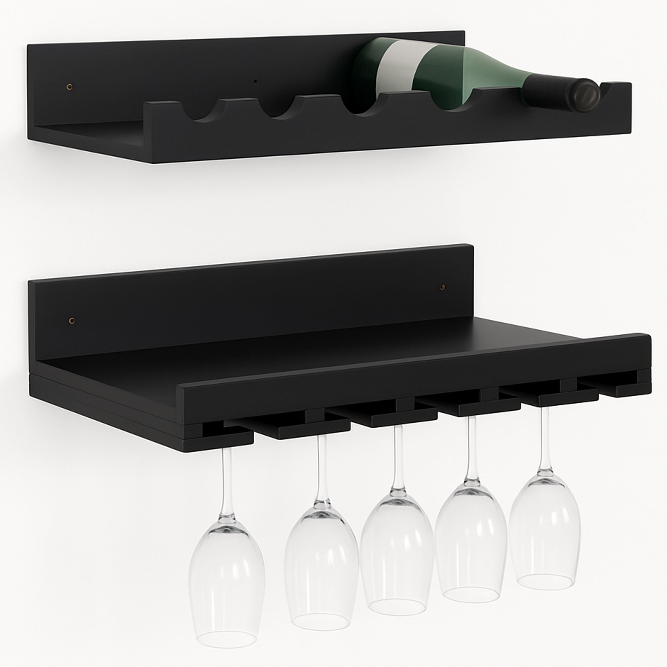 2er-Set Weinregal HWC-P22, Glas-/Flaschenhalter Wandbar für 6 Flaschen/15 Gläser Holz FSC®-zertifiziert 61x28cm ~ schwarz