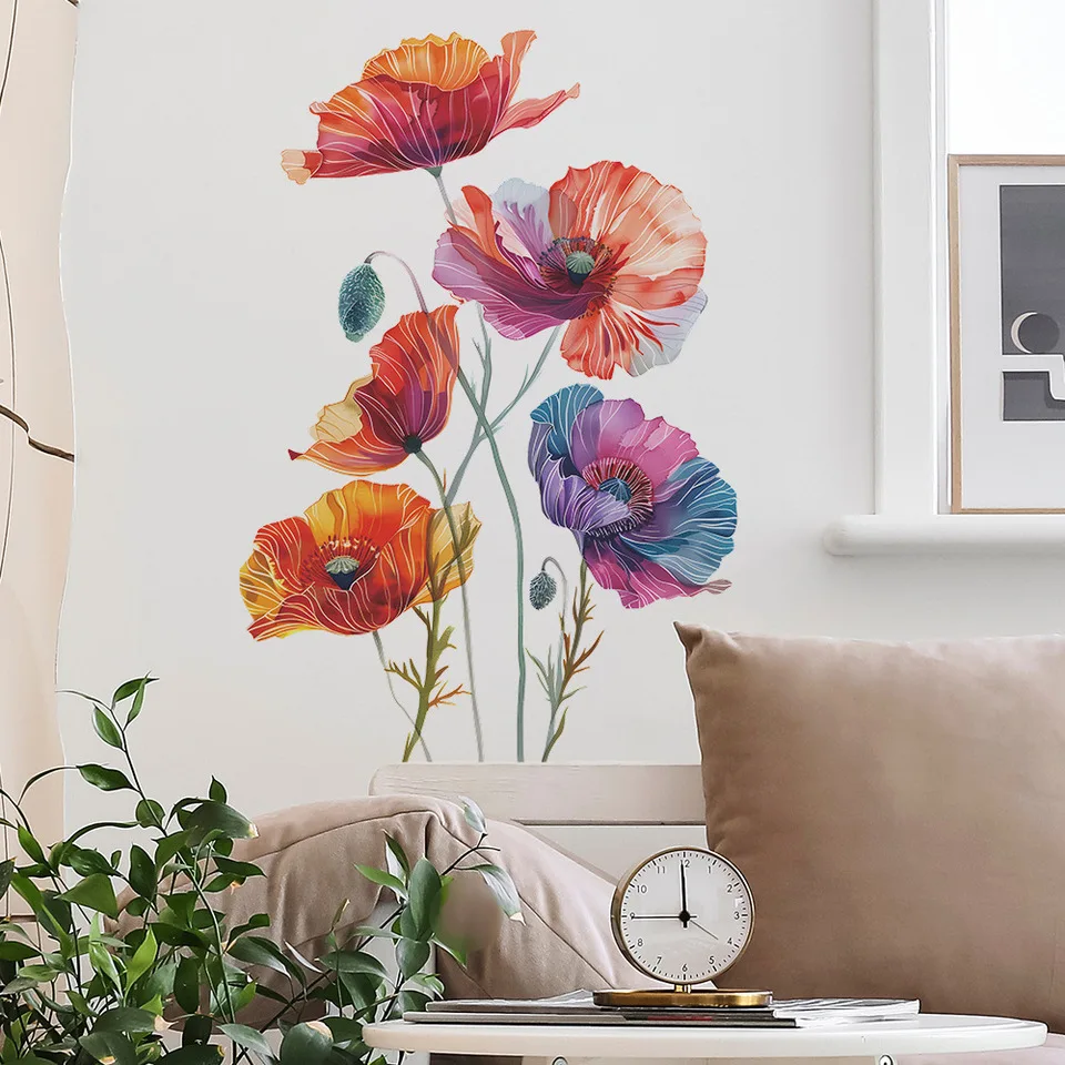 1 Stück bemalte Blumen-Wandaufkleber für Wohnzimmer, Schlafzimmer, Hintergrundwand, Dekoration, Heimdekorationsaufkleber, Wandtattoos, Wandbild