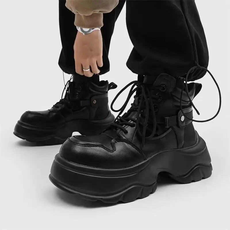 Herren Luxusmode Punk Gothic Plateaustiefel Original Lederschuhe Cowboy Frühling Herbst Stiefel Schwarz Designer Coole Knöchelstiefel