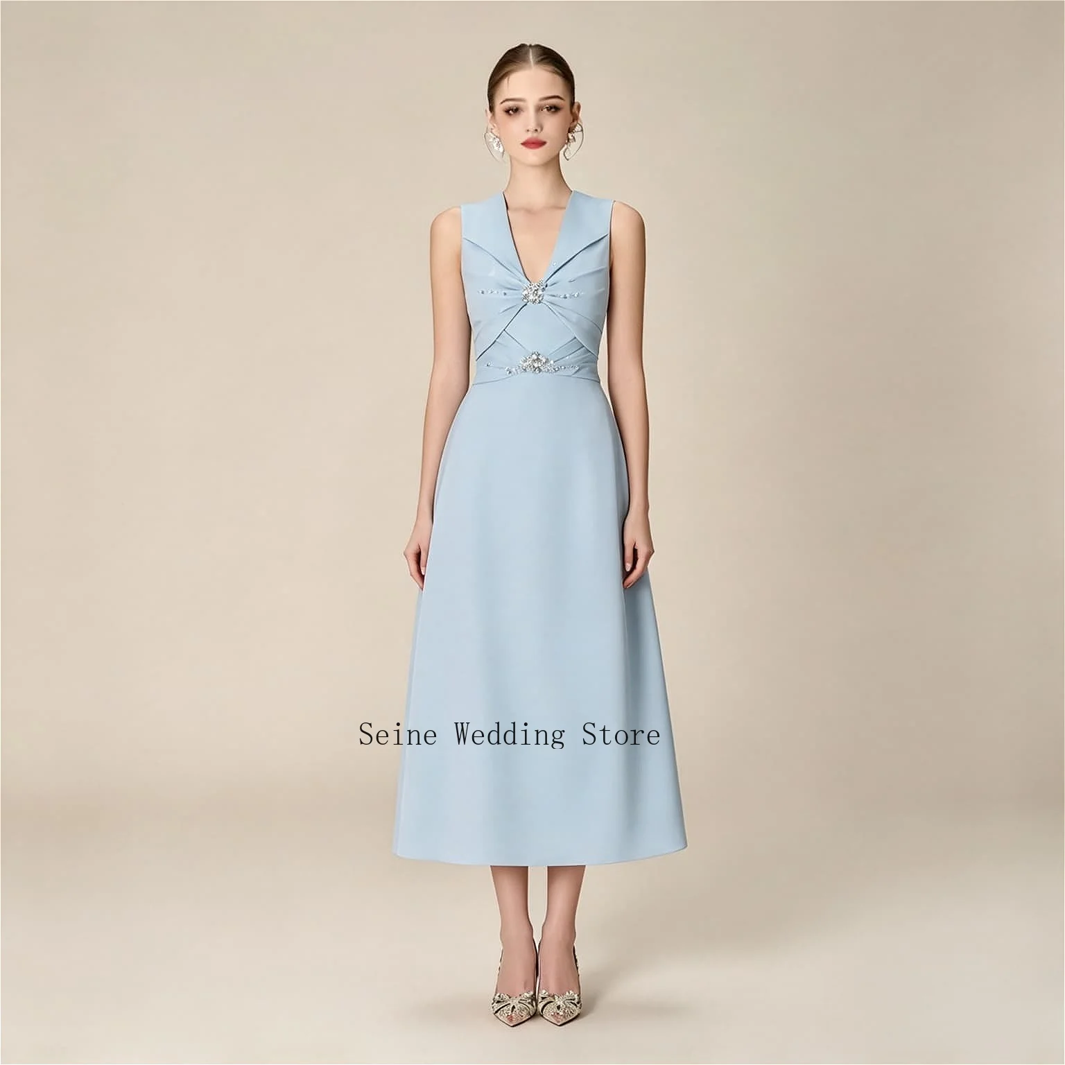 Customized Light Blue A Line Crepe Evening Dress Beaded Rhinestone Ruched V Neck Sleeveless Formal Party Dresses Prom Gown