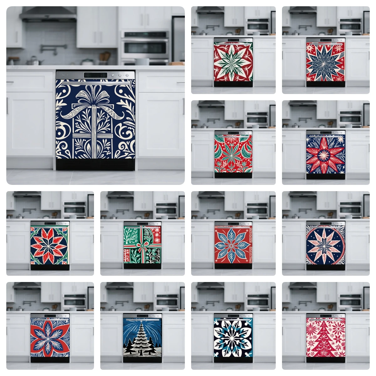 Folk Art Weihnachts-Mandala-Spülmaschinentür-Aufkleber, selbstklebend, wasserdicht, ölbeständig, Schneeflocken-Schleife, Küchen-Kunst-Wandtattoo