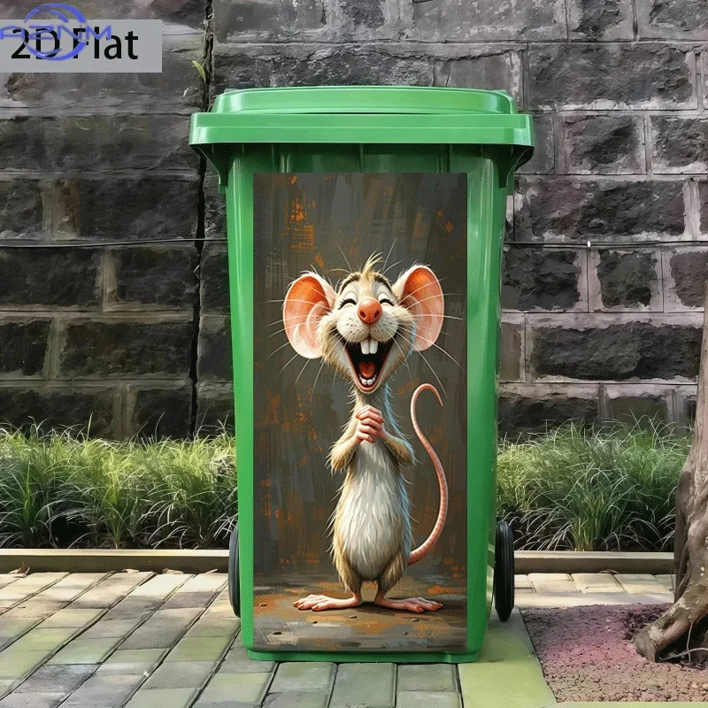 1 Stück 2D-Flachdruckaufkleber für einen Mülleimer, Maße in Zoll, mit einem Motiv einer lächelnden Maus. Es ist eine selbstklebende Wandfolie.