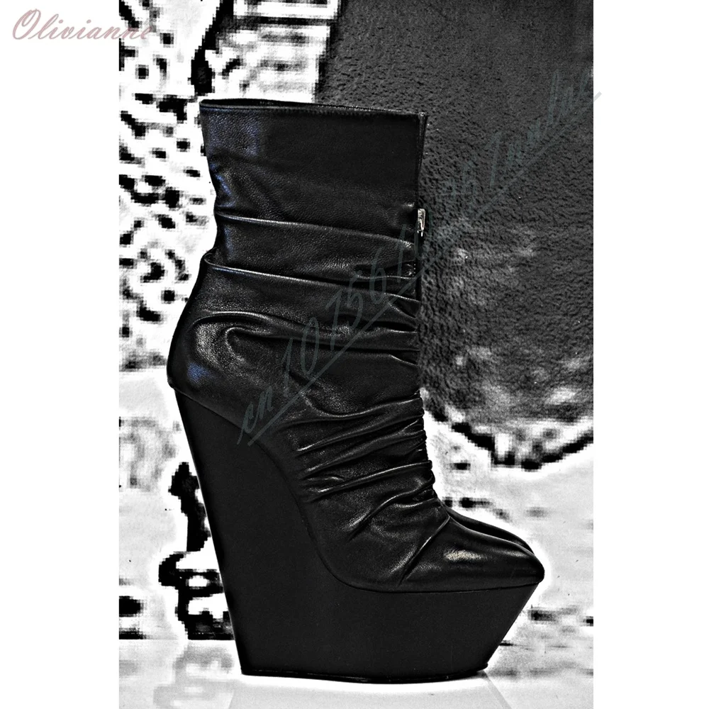 Gothic Damen Super High Wedge Plateau-Stiefeletten, schwarze, geraffte Lederstiefeletten mit spitzer Zehenpartie und Reißverschluss vorne, Club-Stiefel, sexy Damenschuhe
