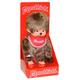 Sekiguchi 255010 - Original Monchhichi Junge, Plüschfigur mit rotem Latz und Zöpfen mit Schleifen, ca. 20 cm großes Kuscheltier aus braunem Plüsch