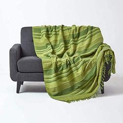 HOMESCAPES Extra Large Green Throw “Morocco” Cotton Textured Stripe Throw 254 x 356 cm Bedspread Sofa Throw Handmade Suitable for 3 or 4 Seater Sofas or Double King and Super King Size Beds