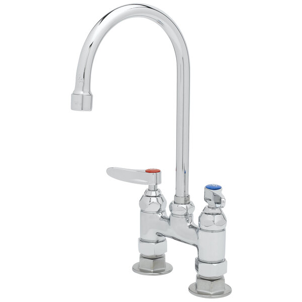 T&S B-0325-A22 Deck Mounted Faucet with 5 1/2" Gooseneck Nozzle, 4" Centers Adjustable Centers, Eterna Cartridges, and Lever Handles