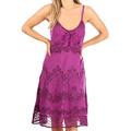 Sakkas 4031 Stonewashed Rayon Embroidered Adjustable Spaghetti Straps Mid Length Dress - Purple - S/M