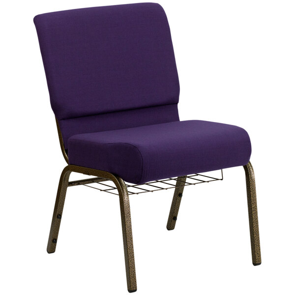 "Flash Furniture FD-CH0221-4-GV-ROY-BAS-GG Royal Purple 21"" Extra Wide Church Chair with Communion Cup Book Rack - Gold Vein Frame"