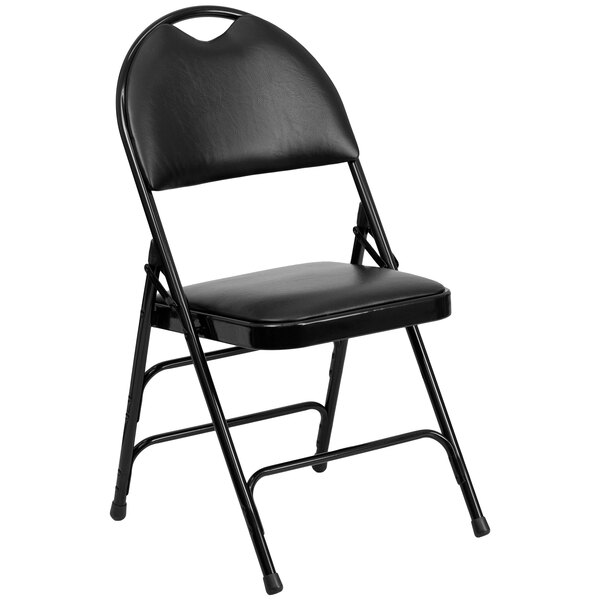 Flash Furniture HA-MC705AV-3-BK-GG Black Metal Folding Chair with 1" Padded Vinyl Seat - with Easy-Carry Handle