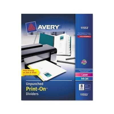 Avery AVE11553 Print-On Dividers, 8-Tab, Unpunched, Letter Size, White, 5 Sets Per Pack