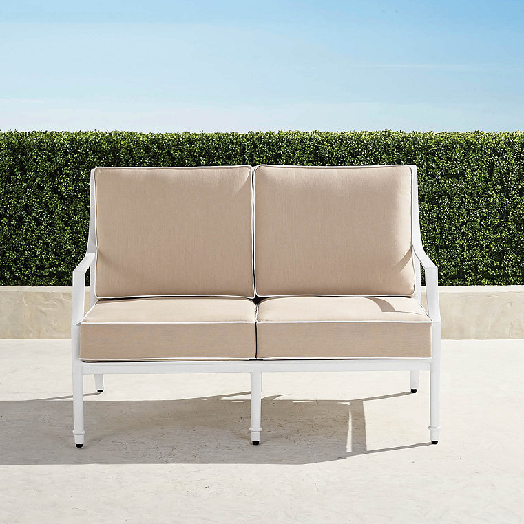 Grayson Loveseat with Cushions in White Aluminum - Standard, Sand with Natural Piping - Frontgate