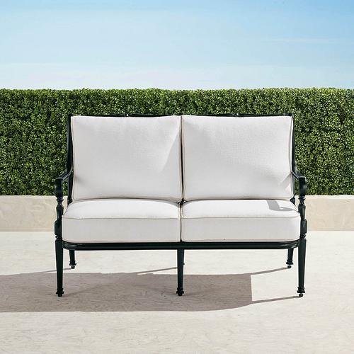 Carlisle Loveseat with Cushions in Onyx Aluminum - Sunbrella Rain, Rain Sand - Frontgate