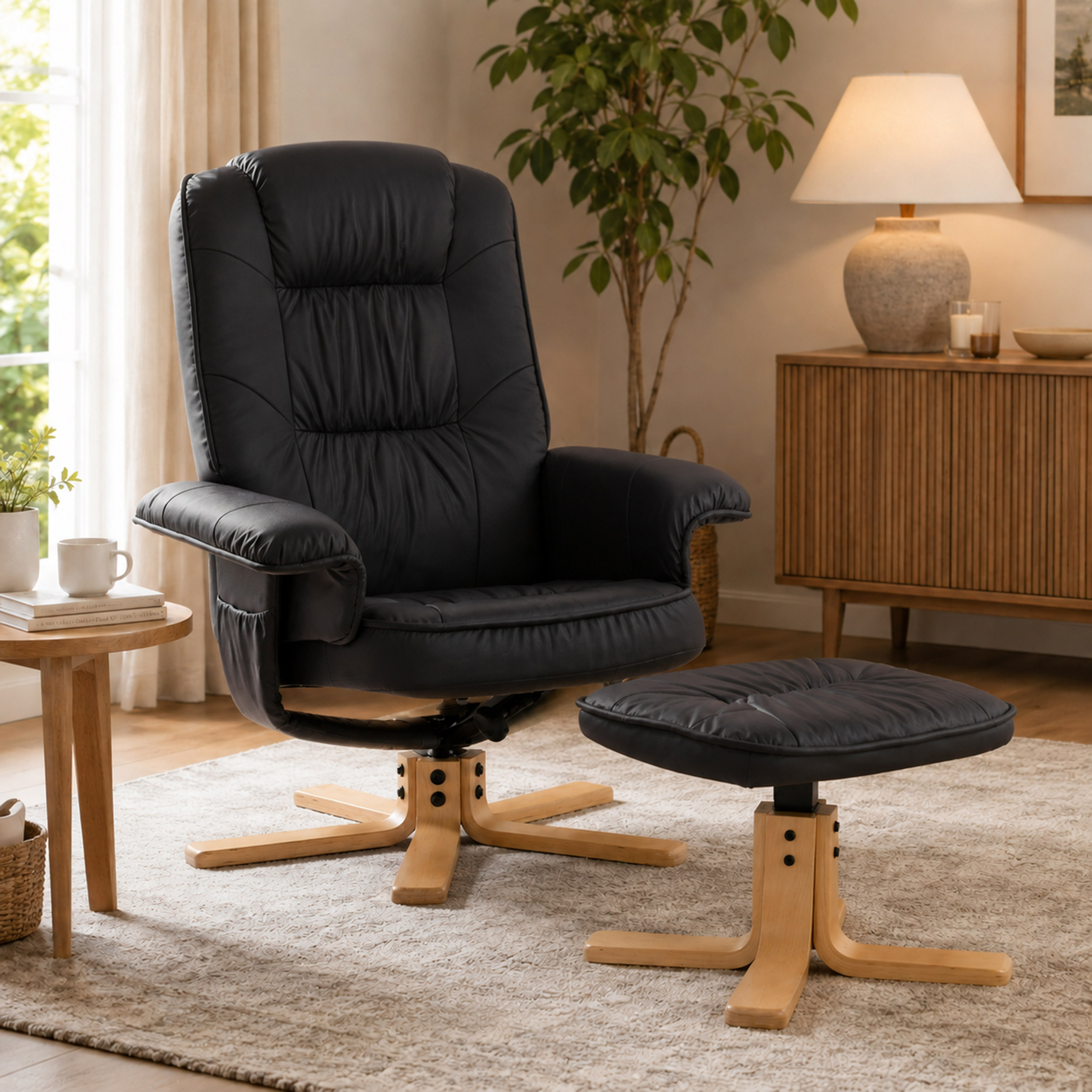 Relaxsessel M56, Fernsehsessel TV-Sessel mit Hocker Ottomane, Kunstleder Eukalyptus Holz FSC®-zertifiziert ~ schwarz