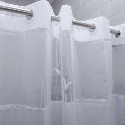 Oxford 100% Polyester 71" x 74" White Ringless Shower Curtain with 12" Sheer Voile Window - 12/Case