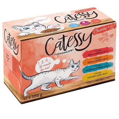 12x100g Vegetable/Egg Chunks in Jelly 4 Varieties Catessy Wet Cat Food