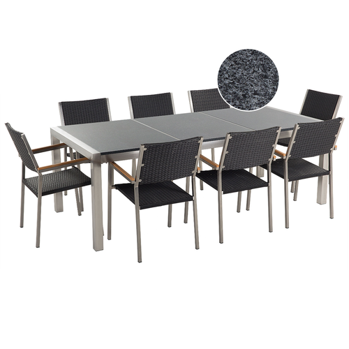 Gartenmöbel Set Grau Granit Edelstahl Tisch 220 cm Poliert 8 Rattanstühle Terrasse Outdoor Modern