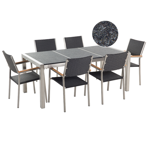 Gartenmöbel Set Schwarz Granit Edelstahl Tisch 180 cm mit 3 Platten Geflammt 6 Rattanstühle Terrasse Outdoor Modern