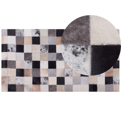 Teppich Braun mit Beige Kuhfell rechteckig 80 x 150 cm Kurzflor Patchwork geometrisches Muster Kariert Wohnzimmer Schlaf