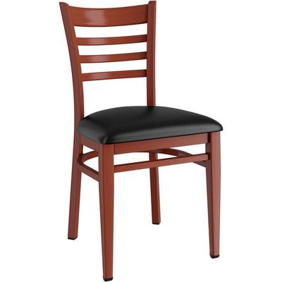 Assembled Lancaster Table & Seating Metal Ladder Back Chair with Mahogany Wood Grain Finish and Black Vinyl Seat
