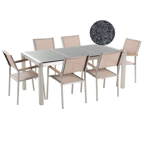 Gartenmöbel Set Grau Beige Granit Edelstahl Tisch 180 cm Poliert 6 Stühle Terrasse Outdoor Modern