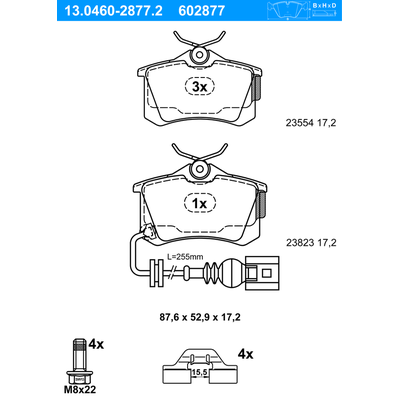 ATE Bremsbelagsatz, Scheibenbremse hinten rechts links für SKODA SEAT VAG 6Q0698451 6Q0698451B 13.0460-2877.2