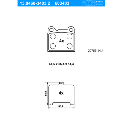 ATE Bremsbelagsatz, Scheibenbremse hinten rechts links für VOLVO 271477 271962 271758 13.0460-3403.2