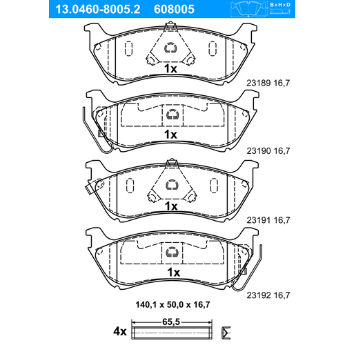 ATE Bremsbelagsatz, Scheibenbremse hinten rechts links mit Zubehör für MERCEDES-BENZ 1634200120 A1634200120 1634200420 13.0460-8005.2