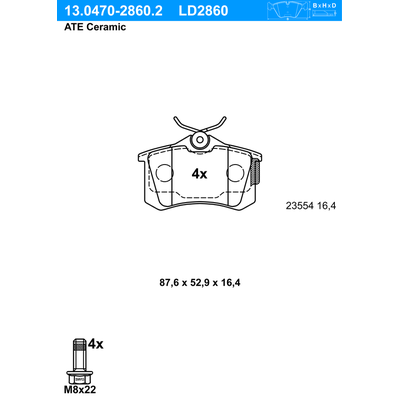 ATE Bremsbelagsatz, Scheibenbremse Ceramic hinten rechts links für SKODA SEAT VAG 8E0698451B JZW698451 13.0470-2860.2