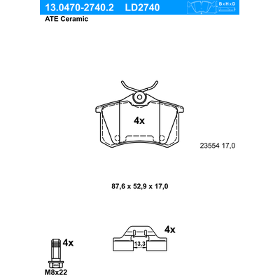 ATE Bremsbelagsatz, Scheibenbremse Ceramic hinten rechts links mit Zubehör für RENAULT PEUGEOT CITROËN 425428 425417 160