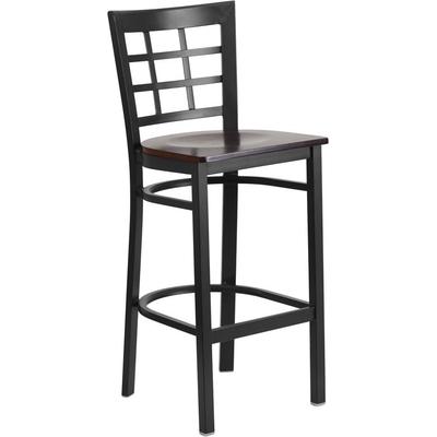 Flash Furniture Hercules Series Black Window Back Metal Restaurant Barstool - Walnut Wood Seat - Fla