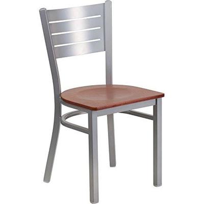 Flash Furniture Hercules Series Silver Slat Back Metal Restaurant Chair with Cherry Wood Seat
