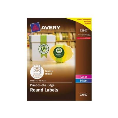 Round Print-to-the-Edge Labels, 2" Dia., Glossy, White, 120/Pack