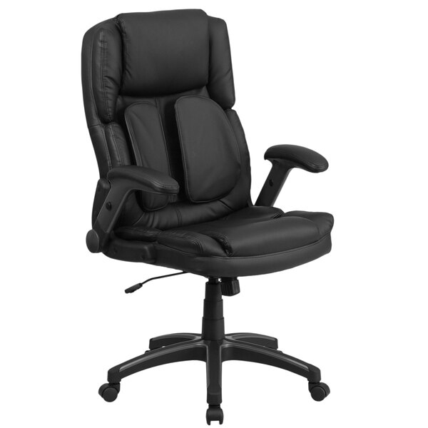 Flash Furniture BT-90275H-GG High-Back Black Leather Executive Swivel Office Chair with Outer Lumbar Support and Flip-Up Arms