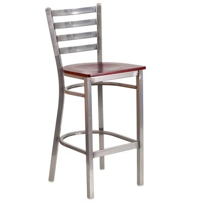 Flash Furniture XU-DG697BLAD-CLR-BAR-MAHW-GG Clear-Coated Ladder Back Metal Restaurant Barstool with Mahogany Wood Seat