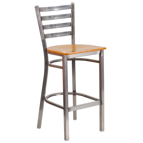 Flash Furniture XU-DG697BLAD-CLR-BAR-NATW-GG Clear-Coated Ladder Back Metal Restaurant Barstool with Natural Wood Seat