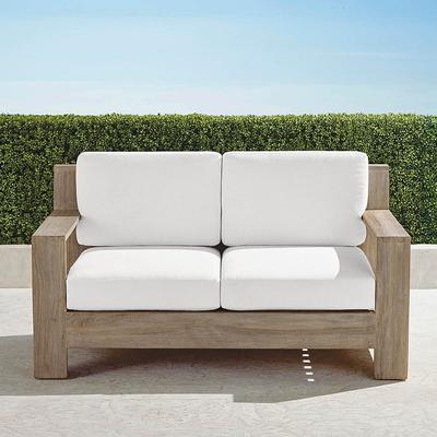 St. Kitts Loveseat with Cushions in Weathered Teak - Standard, Rain Resort Stripe Black - Frontgate