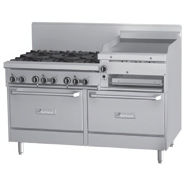 Garland GFE60-6R24RS Natural Gas 6 Burner 60" Range with Flame Failure Protection and Electric Spark Ignition, 24" Raised Griddle / Broiler, Standard Oven, and Storage Base - 240V, 227,000 BTU
