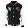 Mens Baseball Varsity Letterman College Fleece Jacket Badge PU Leather Sleeves - Black - White, L